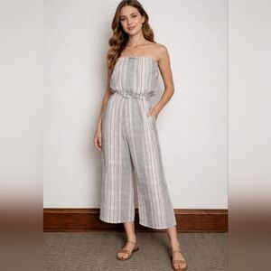 Striped Linen Jumpsuit, Strapless, Wide Leg Romper, Size Small